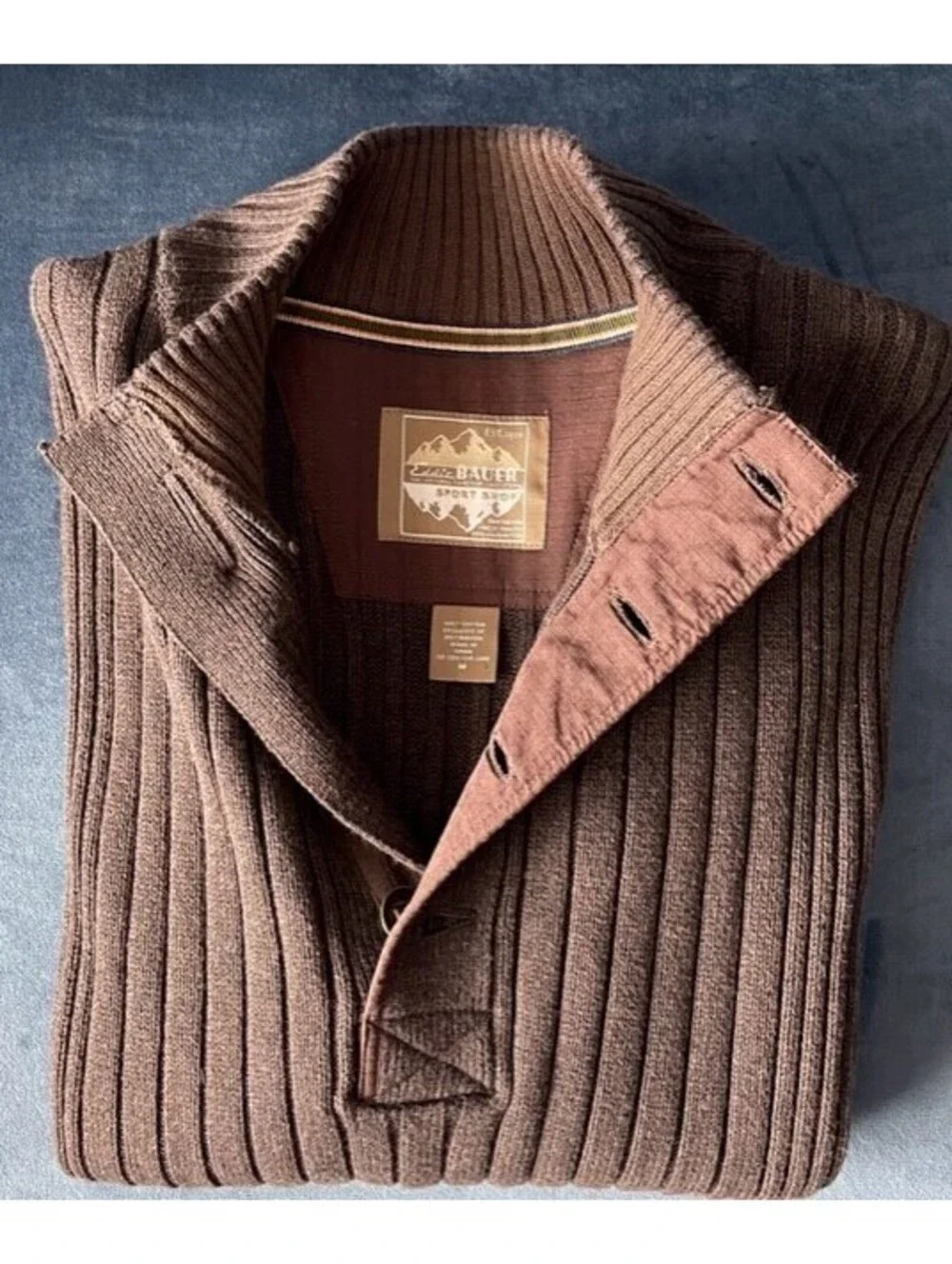 Eddie Bauer Sport Shop Sweater 1/4 Button Ribbed Mens M Dark Brown Mock Neck EUC